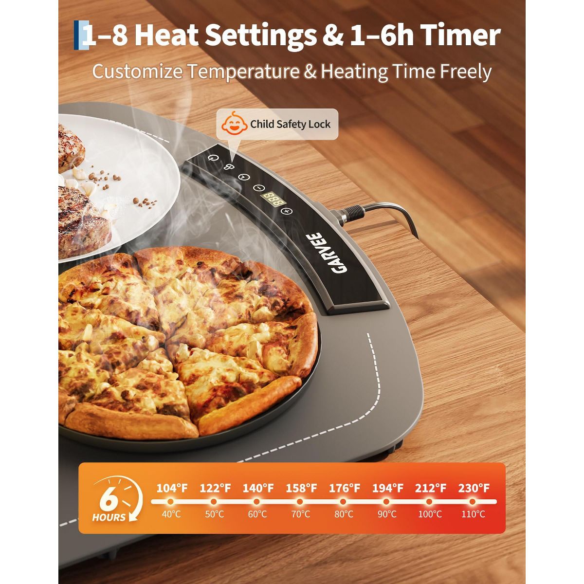 Garvee 26"x16" Electric Food Warming Mat – 8 Temps, 6H Timer, 250W, Child Lock, Auto Shut-Off – Rollable Silicone Warmer for Kitchen, Buffet, Parties - thumbnail 10