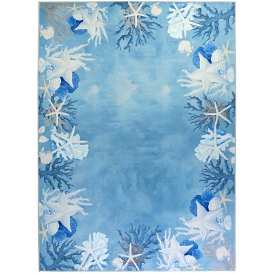 Homefires Starfish and White Coral 5' x 7' Indoor/Outdoor Accent Rug – Coastal Blue & Beige Design