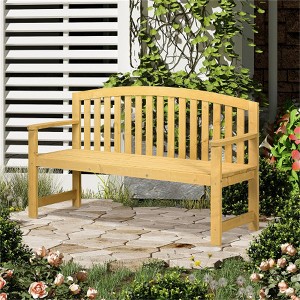 SKRAN 56" Outdoor Wood Bench, 2-Seater Garden Bench with Backrest and Armrest, Patio Bench for Patio, Porch, Poolside, Balcony, Natural - 1 of 4