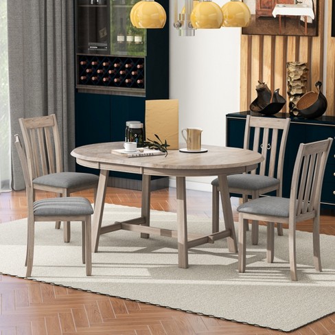 5 PCS Round Wood Extendable Dining Table Set with 4 Dining Chairs Natural Wood Wash ModernLuxe