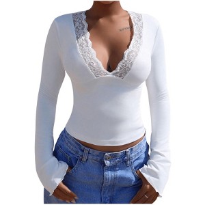 Women's Blouse Lace Deep V Neck Long Sleeve Crop Top Slim Fit Bell Sleeve Casual Blouse - 1 of 4