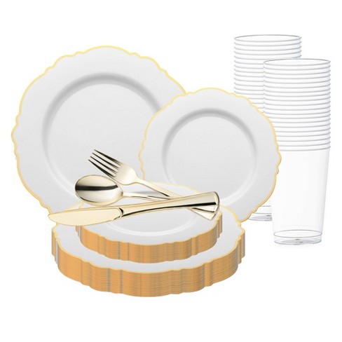 Smarty Had A Party White with Gold Rim Round Blossom Disposable Plastic Wedding Value Set (60 Settings) - image 1 of 1