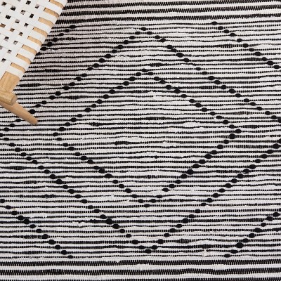 Black and White Striped Wool Cotton 4' x 6' Rug