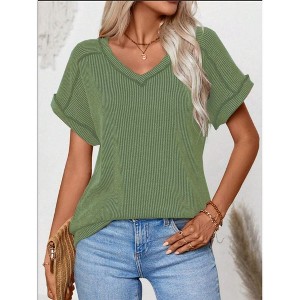 Coolmee Women Summer Fashion Tops T Shirts Short Sleeve V Neck Tees Soft Casual Summer Spring Outfits Clothes - 1 of 2
