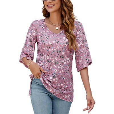 QATAINLAV Blouses For Women Dressy Casual 3/4 Bell Sleeve Tops Loose Fit Button V Neck Henley Shirts Solid Color Pleated Tunic Shirts Green S Flash Sales Today