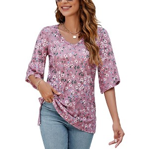Women's 3/4 Sleeve Tunic Tops Casual V Neck Dress Shirts Floral Printed Loose Fit Pleated Blouses - 1 of 4