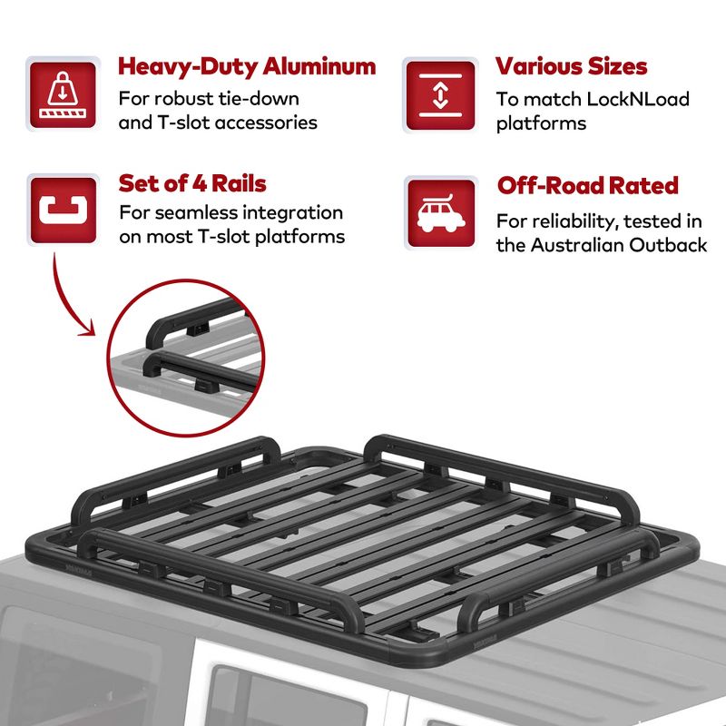 YAKIMA 55 by 49 Inch Aluminum LockNLoad Perimeter Raised Rail Kit for Roof Rack Fits Most T Slot Equipped Platforms, Black, 4 Rails, 2 of 7