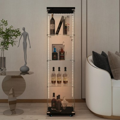 Syemin Decorative Storage Cabinets Glass Display Cabinet 4-Shelf, Curio Cabinets, Tempered Glass Floor Standing Bookshelf, Black, 15.67"*13.58"*65.87"