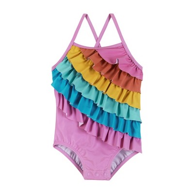 Image of Andy & Evan Infant  Rainbow Ruffle Detail Swimsuit Purple, Size 6-9 Months.