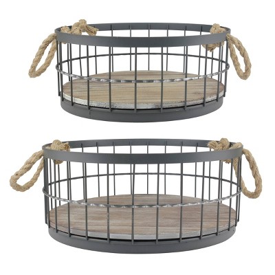 Set of 2 Round Metal Wire Cage and Wood Decorative Baskets with Handles - Stonebriar