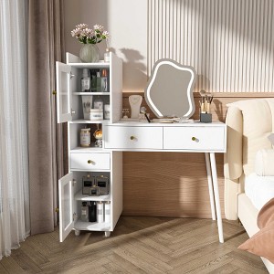 AENKYO Vanity Dressing Table with LED Mirror, White Makeup Desk with 3 Drawers & 4 Hidden Cabinets, 3-Light Modes 2 Open Shelves for Bedroom - 1 of 4