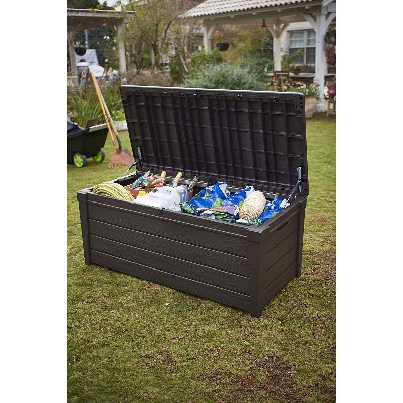 Keter Large 120 Gallon Waterproof All-Weather Resistant Wood Panel Outdoor Deck Garden Storage Box Bench - Brown, 4 of 9
