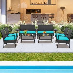 Costway 8PCS Patio Wicker Furniture Set Cushioned Chairs& Loveseat with Coffee Table Garden - 1 of 4