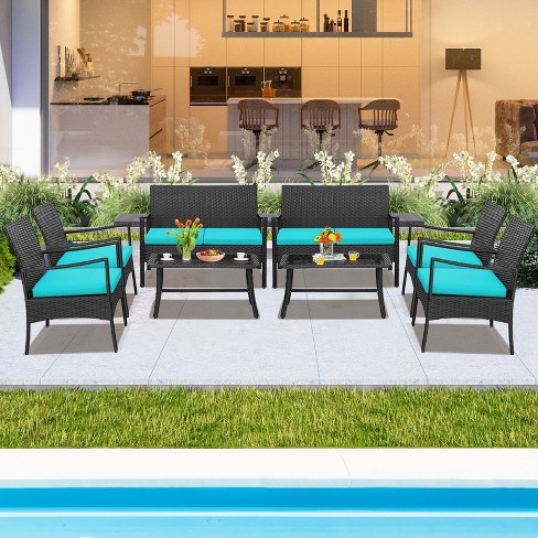 Costway 8PCS Patio Wicker Furniture Set Cushioned Chairs& Loveseat with Coffee Table Garden - image 1 of 4