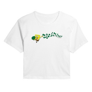 Women's - SpongeBob SquarePants - Spongebob Shamrocks Cropped Graphic T-Shirt - 1 of 4