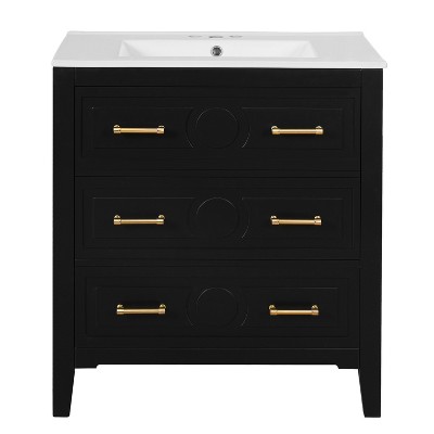 Vynxaria 30 Inch Matte Black Free Standing Bathroom Vanity with Ceramic Sink One Unit Solid Wood Frame Three Soft Close Drawers Luxe Gold Handles