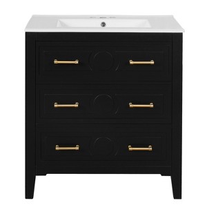 Vynxaria 30 Inch Matte Black Free Standing Bathroom Vanity with Ceramic Sink One Unit Solid Wood Frame Three Soft Close Drawers Luxe Gold Handles - 1 of 4