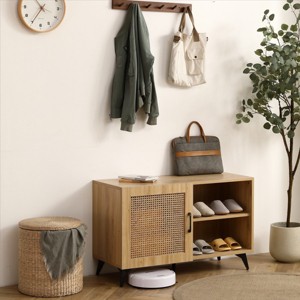 Freya 24.4" Height Shoe Rack Multifunctional 2-Tier Organizer and 1 Storage Rattan Mesh Cabinet for 6 Pairs Shoes-Maison Boucle - 1 of 4