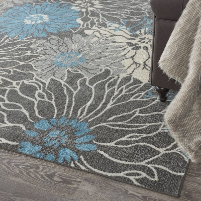 Charcoal and Blue Floral Synthetic Rectangular Area Rug