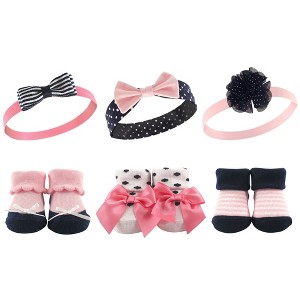 Hudson Baby Infant Girl Headband and Socks Giftset 6pc, Pink Navy, One Size - 1 of 2