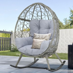 Outdoor Rocking Egg Chair Wicker Patio Rocker 250lb Capacity with Cushioned Comfort - 1 of 4