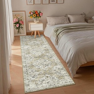 Vintage Floral Area Rug - Non-Slip Low Pile Soft Carpet, Retro Oriental Print Thin Floor Mat for Living Room & Bedroom - 1 of 4