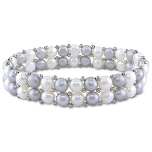 EVERLY JEWELRY | Brass 6 -7 MM Light Grey and White Cultured Freshwater Pearl 2-Row Stretch Bracelet Bead Accents, 7-inch - 1 of 4