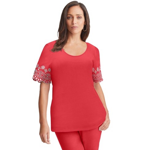 Jessica London Women's Plus Size Eyelet Scoop-neck Tee - M, Bright Red ...