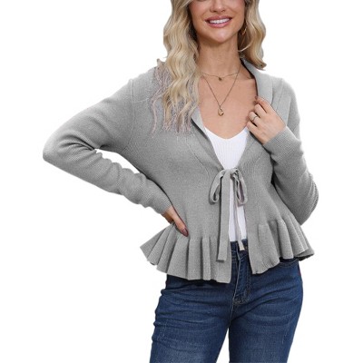 Women's Peplum Cardigan Sweater - Tie Front Collared Long Sleeve Knit Cardigan, Ruffle Hem Warm