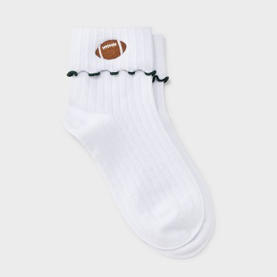 Women's Game Day Embroidered Football Pointelle Bobby Socks with Lettuce Edge Cuff - Wild Fable™