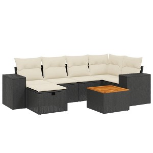 vidaXL Patio Sofa Set with Cushions Outdoor Furniture 7 Piece Poly Rattan - Black and Cream without Storage - 1 of 4