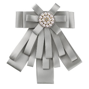 Allegra K Women's Pre-tied Pin Brooch Ribbon Beads Party Bowknot Bow Tie - 1 of 4