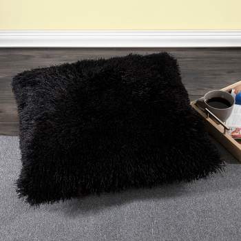 Hastings Home Oversized Luxury Square Plush Floor or Throw Pillow with Faux Fur for Bedroom, Living Room, or Dorm - Black