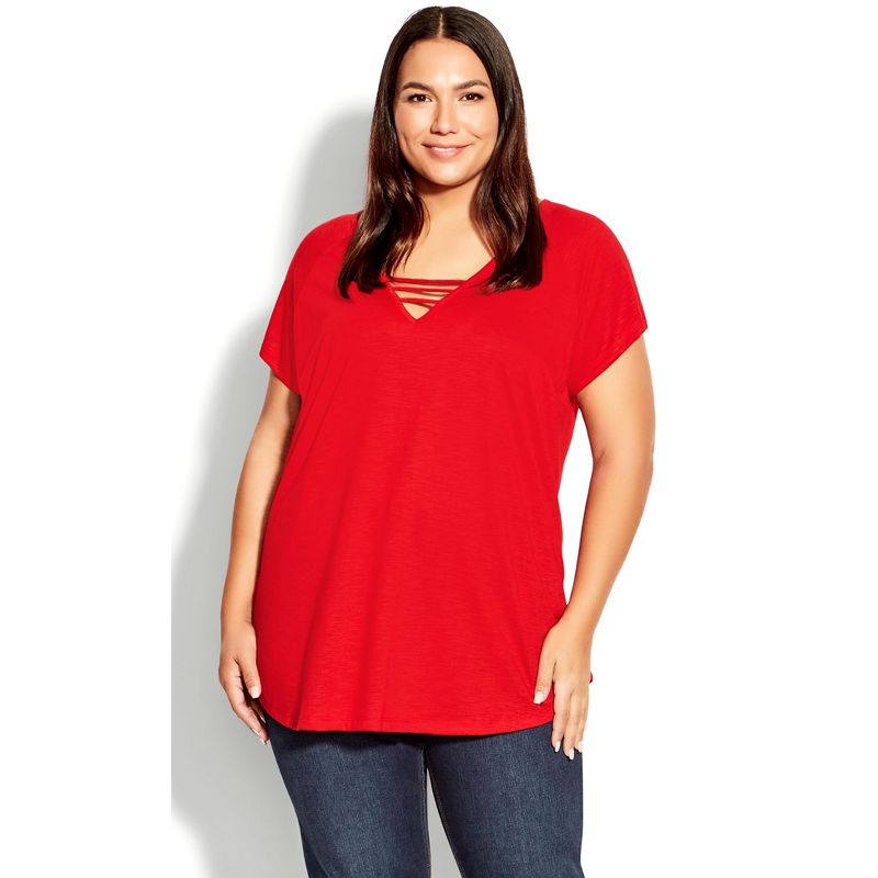 Women's Plus Size 3 Bar V-Neck Top - salsa red | AVENUE, 1 of 7