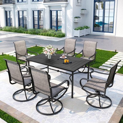 Captiva Designs 7pc Black Outdoor Dining Steel Table & Padded Textilene Swivel Chairs
