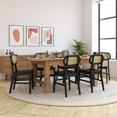 Black Wood and Cane High Back Dining Chairs, Set of 2