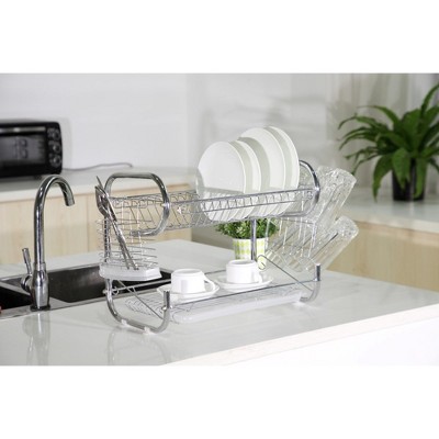 2-Tier Dish Drainer Rack Storage Drip Tray Sink Drying Wired Draining Plate  √ 