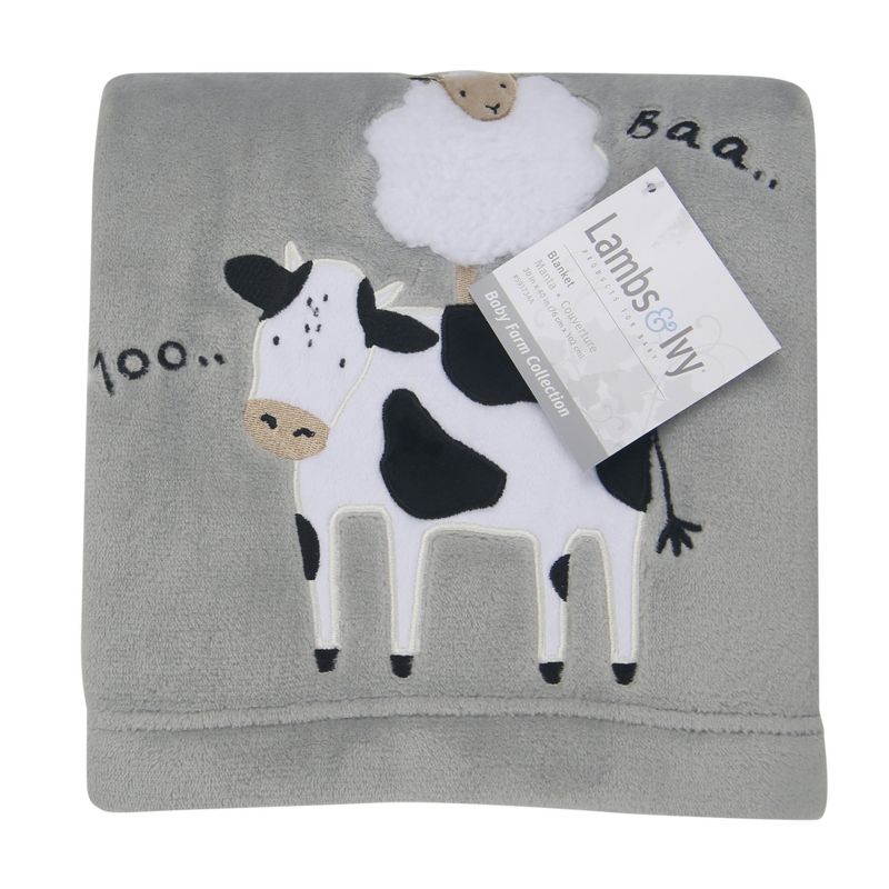 Lambs & Ivy Baby Farm Cow/Sheep Appliqued Gray Luxury Fleece Baby Blanket, 5 of 8