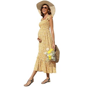 Coolmee Womens Summer Maternity Floral Maxi Dress Smocked Tie Shoulder Boho Sleeveless Spaghetti Strap Ruffle Casual Beach Dress - 1 of 4