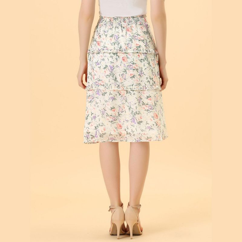 Allegra K Women's Floral Print Smocked Elastic Waist Knee Length Flowy Tiered Ruffle Skirt, 4 of 6