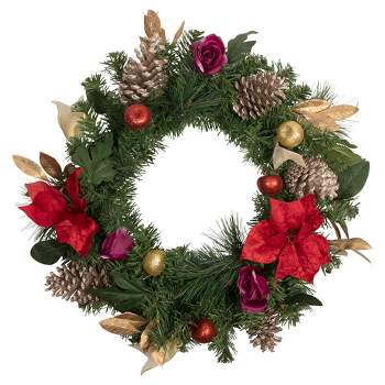 Northlight Decorated Red Poinsettia and Rose Artificial Christmas Wreath, 24-inch, Unlit