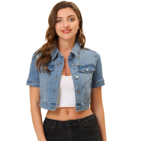 Allegra K Women's Casual Short Sleeves Crop Denim Jacket Light