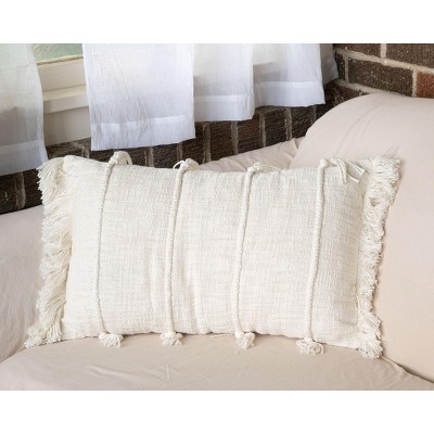 Off-White Handwoven Cotton Lumbar Pillow with Tassels