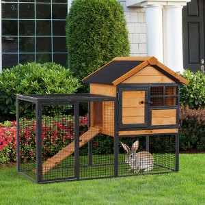 Akoasm 2-Layer Rabbit Hutch & Shelter With Waterproof Asphalt Roof, Removable Tray, Run And Ramp Outdoor - 1 of 4