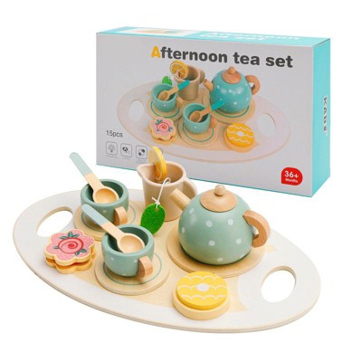 Topteng 15Pcs Western Kitchen Wooden Tea Sets Play Kitchen Dishes/Tea Toy Set For Kid