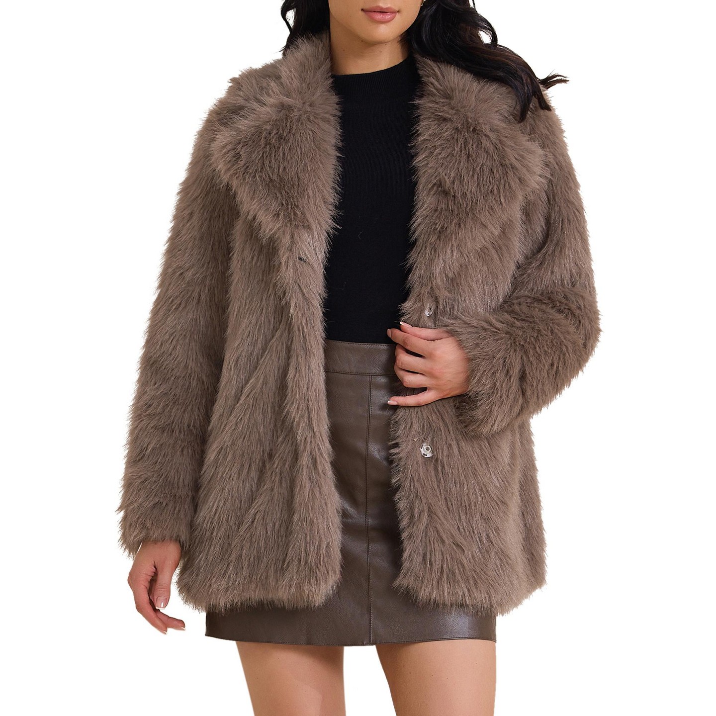 Женская куртка INSPIRE CHIC Faux Fur Long Sleeve Lapel Winter Fuzzy Shaggy Jacket Medium Coffee — фото 1