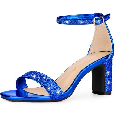 Allegra K Women's Glitter Square Toe Ankle Buckle Strap Chunky Heels Sandals