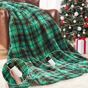 Heated Blanket Electric Queen, Heating Queen with 10 Heats Levels/8 Hours Auto Off, Green Plaid Flannel Blanket Winter Warmer for Adults - 1 of 4