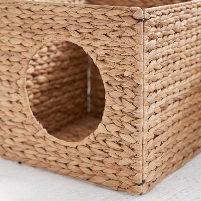 Natural Brown Water Hyacinth Woven Square Cat Bed Cave