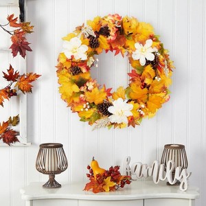 24" Fall Wreath for Front Door - Autumn Wreath with Pinecones & Maple Leaves, Thanksgiving & Halloween Decor, Farmhouse Decoration for Porch - 1 of 4